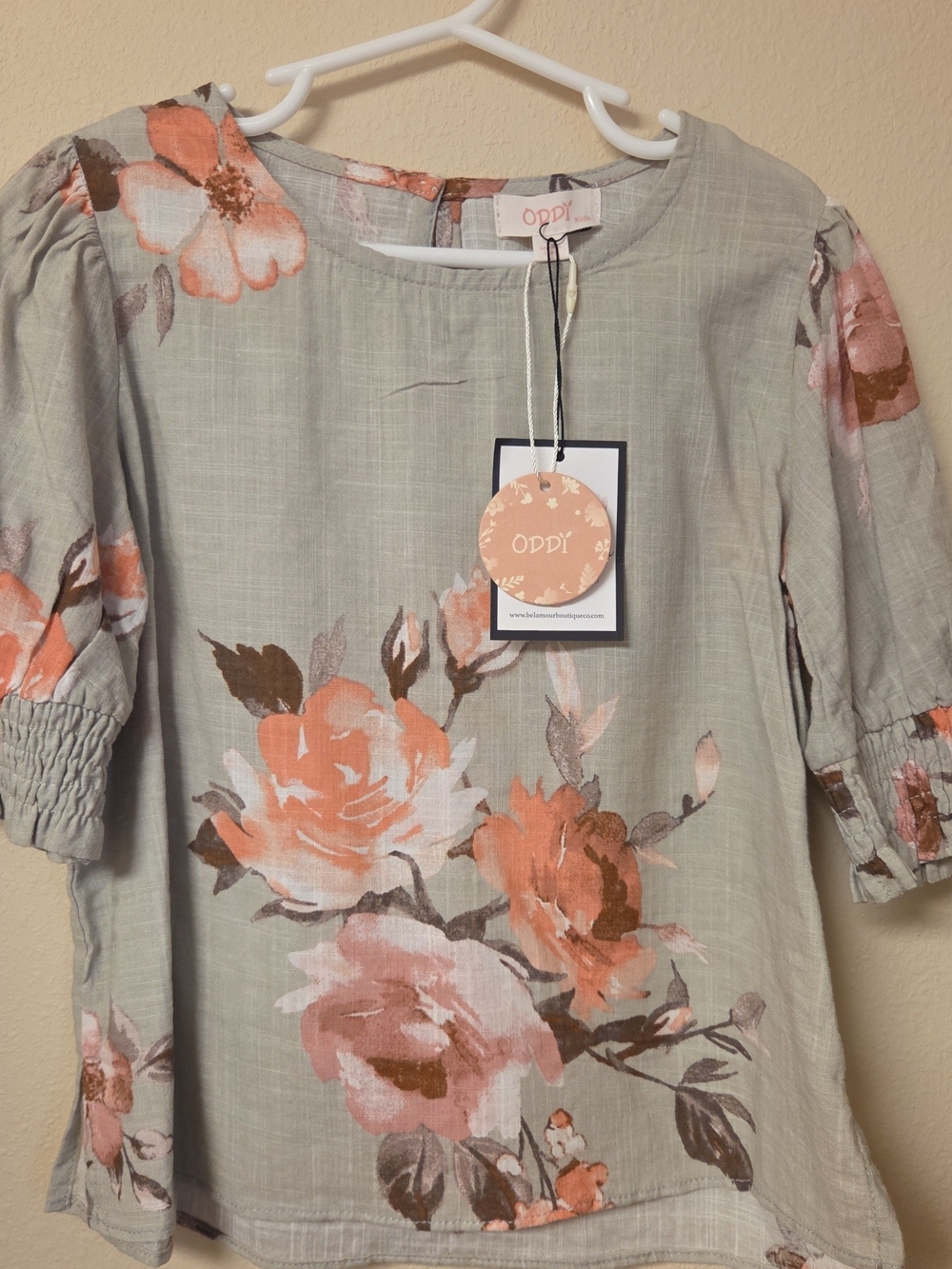 ODDI Girls' Sage Floral Puff-Sleeve Top with Coral Roses